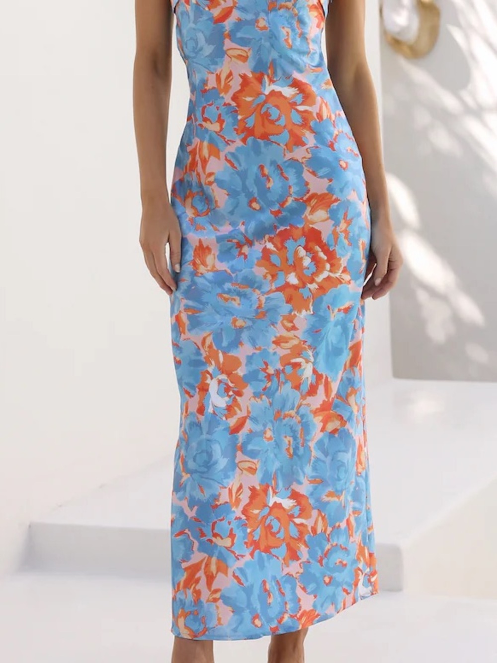 Sleeveless Strapless Floral Maxi Dress in Blue and Orange Billy J